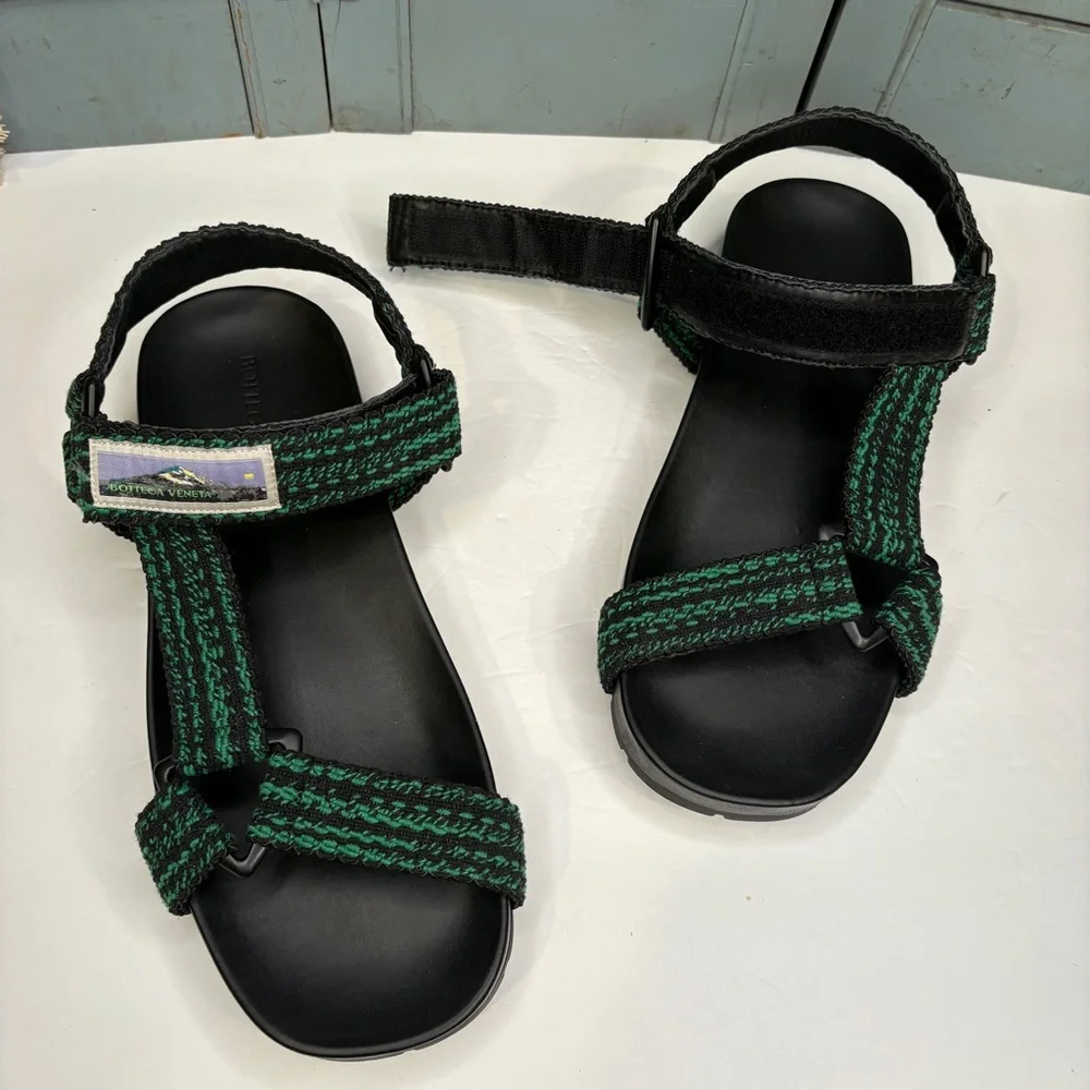 Bottega Veneta Men's Trip Two-Tone Ribbon Sporty Sandals Black/Green Size 45.5